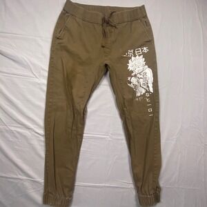 Ring Of Fire Mens XL Anime Graphic‎ Jogger Pants Khaki Brown Stretch Twill